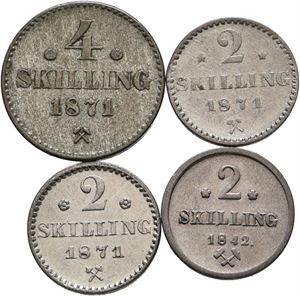 Lott 4 stk skillemynt; 4 skilling 1871, 2 skilling 1842 og 1871 (2)