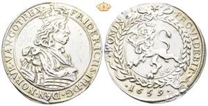 Speciedaler 1659. R. Har vært anhengt og forgylt / has been mounted and with traces of gilding