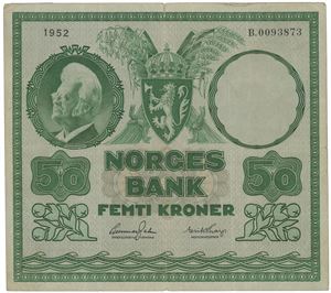 50 kroner 1952. B.0093873. Brettrift/fold tear