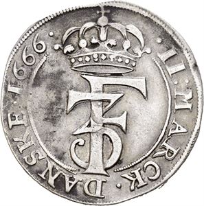 FREDERIK III 1648-1670, CHRISTIANIA, 2 mark 1666. Filemerke i kant/traces of filing on the edge. S.103