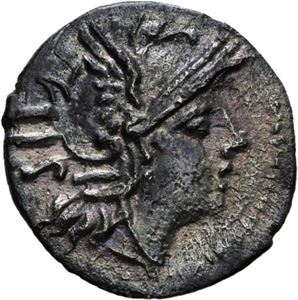 Ca. 208 f.Kr., sestertius. Hode av Roma mot høyre/Dioscurene mot høyre