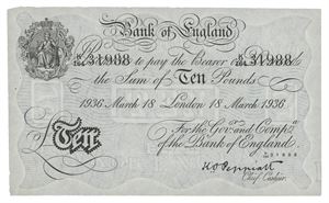 10 pounds London 18.3.1936. No. K/164 31988. Operasjon Bernhard-forfalskning