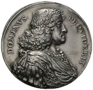 Frederik III og Dronning. Parise. Sølv. 40 mm. Har vært anhengt, riper/has been mounted, scratches