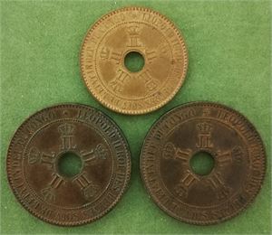 Leopold II, lot 3 stk. 10 centimes 1889, 1894 og 5 centimes 1888