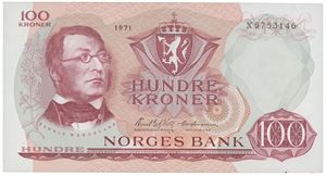 100 kroner 1971 X 5753146.  Erstatningsseddel.