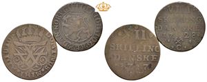 Lott 2 stk. 12 skilling 1717 og 8 skilling 1728. Samtidige forfalskninger