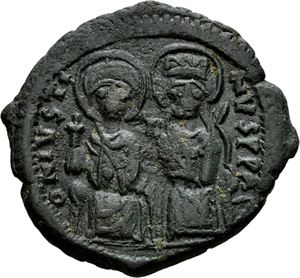 Justin II 565-578, Æ follis, Constantinople, 573-574 e.Kr. R: Stor M