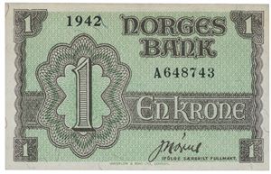 1 krone 1942 A 648743.  Svak misfarging langs kant.