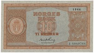 10 kroner 1946. Z.8089766. Erstatningsseddel/replacement note.