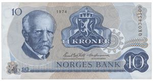 10 kroner 1974. QK0343500. Erstatningsseddel/replacement note