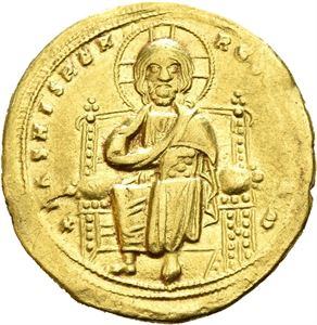 Romanus III (Argyrus). AD 1028-1034. AV histamenon, Constantinople, (4,38 g). + ?hS XIS REX REGNANTIhM, Christ Pantokrator enthroned facing / T CE ???T ??????, Romanus, placing hand on breast and holding globus cruciger, standing facing, being crowned and blessed by the Theotokos; four pellets in loros end; M T, each with macron above, in upper field. Weak strike in right field. A few tiny marks and scratches.