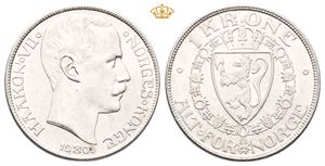 Norway. 1 krone 1908, myntmerke på plate