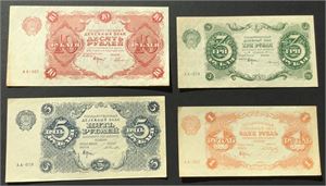 Lot 4 stk. 10-, 5-, 3- og 1 rubel 1922