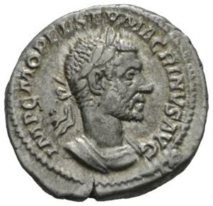 MACRINUS 217-218, denarius, Roma 217 e.Kr. R: Jupiter stående mot venstre