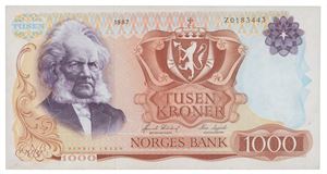1000 kroner 1987. Z0183443. Erstatningsseddel/replacement note