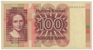 100 kroner 1977. HK0005501. Erstatningsseddel/replacement note