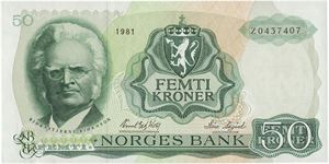 50 kroner 1981. Z0437407. Erstatningsseddel/replacement note