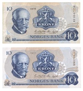 10 kroner 1977. QW0708219 og 1978. HF0047454. Erstatningssedler/replacement notes