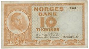 10 kroner 1961. Z.0524164. Erstatningsseddel/replacement note
