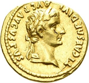 TIBERIUS & DIVUS AUGUSTUS, aureus, Lugdunum 14-16 e.Kr. (7,72 g). Hode av Tiberius mot høyre/Hode av Augustus mot høyre med stjerne over