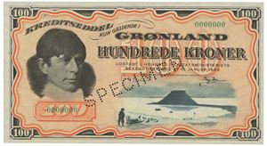 100 kroner ND (1953). No. 0000000. Gjennomhullet "Specimen"