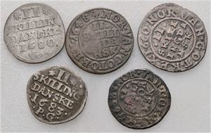 Lot 5 stk., 2 skilling 1648, 2 skilling 1660, 1 skilling 1658, 2 skilling 1680 og 1683