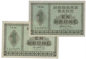 2 stk. 1 krone 1940 A og 1946 I