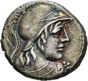 Cn. Cornelius Lentulus 88 f.Kr., denarius. Hode av Mars mot høyre/Victoria i biga mot høyre