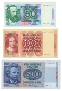 Lott 3 stk. 500 kroner 1994, 100 kroner 1989 og 50 kroner 1984