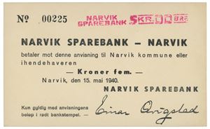 5 kroner Narvik Sparebank.  00225.