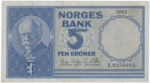 5 kroner 1963. Z.0256083. Erstatningsseddel/replacement note.