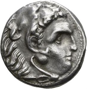 MAKEDONIA, Philip III 323-317 f.Kr., drachme (4,25 g). Hode av Herakles mot høyre kledd i løveskinn/Zeus sittende mot venstre