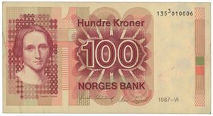 100 kroner 1987. 1353010006. Forskjøvet siffer/stuck digit error