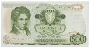 500 kroner 1982. Z0052504. Erstatningsseddel/replacement note