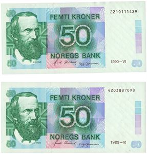 Lot 2 stk. 50 kroner 1989 og 1990