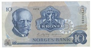 10 kroner 1972. QK0068207. Erstatningsseddel/replacement note