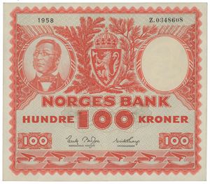 100 kroner 1958. Z.0348608. Erstatningsseddel (0-million).