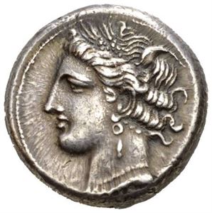 ZEUGITANA, Carthago, ca.300-260 f.Kr., shekel (7,58 g). Hode av Tanit mot venstre/Hest stående mot høyre, ser tilbake
