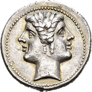 Tidlig republikk, 225-215 f.Kr., quadrigatus. Janushode/Jupiter og Victoria i quadriga mot høyre
