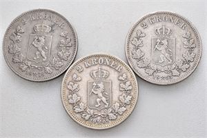 Oscar II, lot 3 stk. 2 kroner 1878, 1893 (riper) og 1902