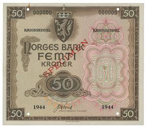 50 kroner London 1944. 000000. Specimen. Rustflekk/spot of corrossion