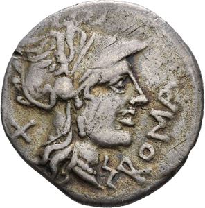 Cn. Domitius 116-115 f.Kr., denarius. Hode av Roma mot høyre/Jupiter i quadriga mot høyre