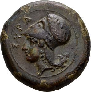 SICILY, Syracuse. 375-344 BC. AE drachm or litra (26,73 g). Struck under Dionysios I or Dionysios II. &Sigma;YPA, Head of Athena in Corinthian helmet to left / Sea-stat between two dolphins. Nice brown-green patina with some earthen deposits.