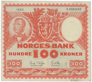 100 kroner 1962 I 0363102.   Noen svake flekker.