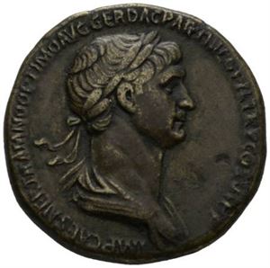 TRAJAN 98-117, Æ sestertius, Roma 116 e.Kr. R: Trajan og soldat sittende på plattform kroner kong Parthamaspates