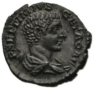 GETA 209-212, denarius, Roma 208 e.Kr. R: Geta stående mot venstre