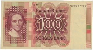 100 kroner 1977. QD0017060. Erstatningsseddel.