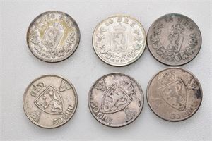 Lott 6 stk. 50 ører; 1891, 1893, 1897, 1914, 1916 og 1918