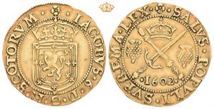 James VI (1567-1625). AV six pounds - Sword & Sceptre (29,5 mm; 5,09 g). Datert 1602. Edinburgh