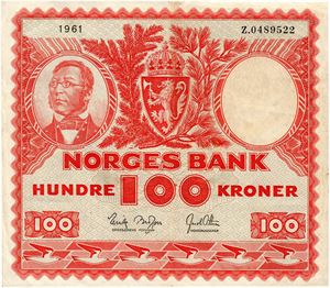 100 kroner 1961. Z0489522. Erstatningsseddel/replacement note